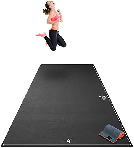 Gorilla Mats Large Exercise Mat – 6'x4', 7'x4', 7'x5', 8'x4', 10'x4' (1/4" Thick) – Ultra Durable Workout Mat for Home Gym Flooring – Non-Slip, Flat Fitness, Yoga & Weight Lifting Floor Mat - color: Gorilla Black Mat with Gray Towel, 2 Storage Straps and
