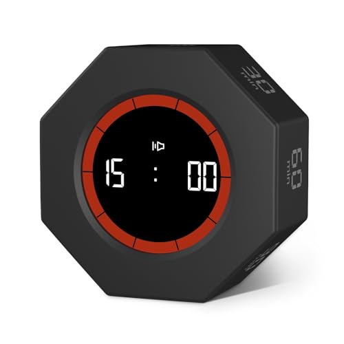GuDoQi Digital Productivity Timer, Octagon Rotating Pomodoro Timers with Gravity-sensor, 1-3-5-15-30-60-90 Min Countdown, Portable Adjustable Sound Alert Multi Desk Timer or Study Task, Kitchen, Black - color: Black