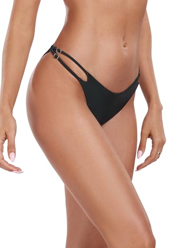 Colloyes Women's Low Waisted Bikini Bottoms Double Straps Cut-Out Cheeky - color: Black, size: Small
