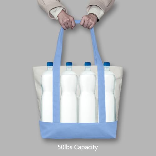 TOPDesign 1-Pack Canvas Tote Bag with an External Pocket, Reusable Grocery Shopping Bag, Top Zipper Closure, Daily Essentials (Light Blue/Natural) - color: Light Blue/Natural