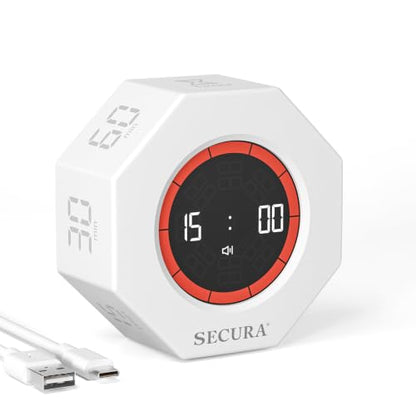 Secura Pomodoro Timer with 1/3/5/10/15/30/60 Min Presets, 3 Level Volume - color: White