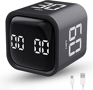 Productivity Timer Flip Gravity Sensor Cube Timer Countdown & Countup,Mute & Vibrate & Sound，5/10/30/60min & Custom Timing, Perfect for ADHD,Work,Learning,Kitchen Cooking (1Black) - color: Black