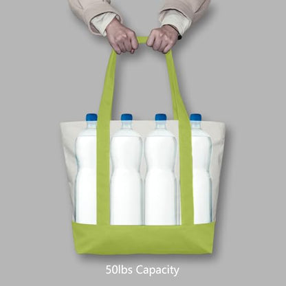 TOPDesign 1-Pack Canvas Tote Bag with an External Pocket, Reusable Grocery Shopping Bag, Top Zipper Closure, Daily Essentials (Light Green/Natural) - color: Light Green/Natural