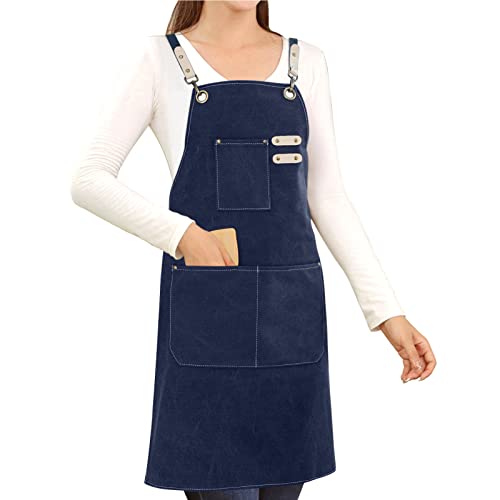 Hongsome Cotton Canvas Cross Back Apron for Art Painting Garden Chef Bartender Work,Women Men 3 Pockets Waterproof M-XXL - color: Blue