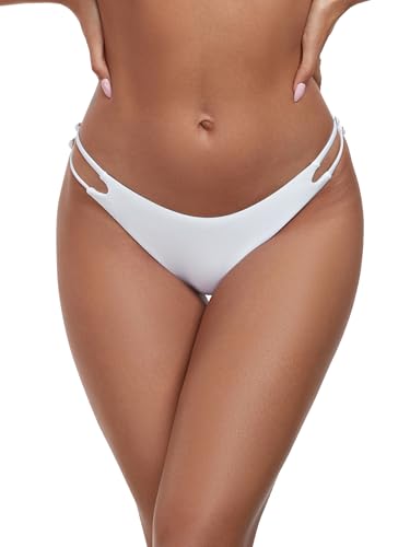 Colloyes Women's Low Waisted Bikini Bottoms Double Straps Cut-Out Cheeky - color: White, size: Medium