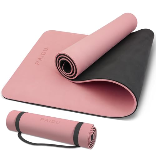 PAIDU POE Yoga Mat （10mm）Extra Thick Fitness Mat 72"x24" with Carry Strap - color: Pink + black