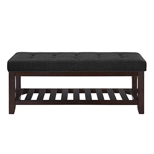 24KF Large Rectangular Upholstered Tufted Linen Ottoman Bench, Padded Bench with Solid Wood Shelf-Dark Gray - color: Dark Gray-bench, size: 16"D x 44"W x 17.5"H