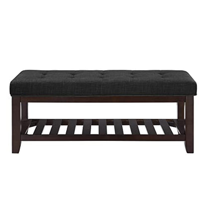 24KF Large Rectangular Upholstered Tufted Linen Ottoman Bench, Padded Bench with Solid Wood Shelf-Dark Gray - color: Dark Gray-bench, size: 16"D x 44"W x 17.5"H