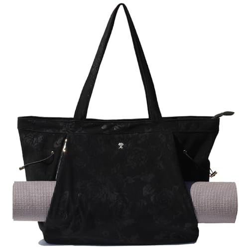 ESVAN Corduroy Yoga Tote Bag Gifts for Women Drawstring Yoga Mat Bag for Office Workout Travel Carryall Pilates Gym - color: Black Rose