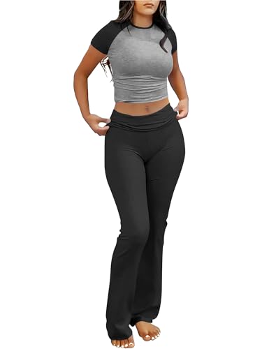 ANRABESS 2 Piece Lounge sets for Women | Crop Top & Foldover Flare Leggings, Yoga Workout Matching Sets, Comfy Stretchy, Trendy Y2k Clothes, Summer Wear Fall Layer - color: Grey Black, size: X-Large