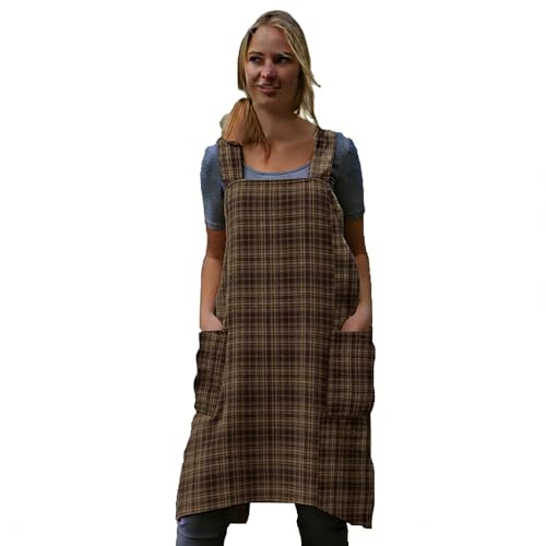 Women's Pinafore Square Apron Baking Cooking Gardening Works Cross Back Cotton/Linen Blend Dress with 2 Pockets - color: Gingham-brown, size: Small