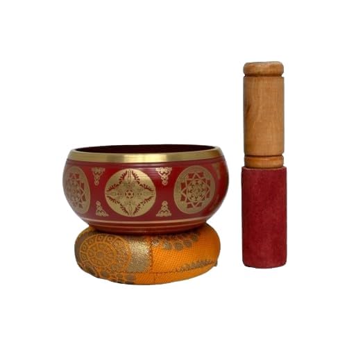 Nature's Own Tibetan Singing Bowl Set- Easy to Play- Meditation Sound Bowl Handcrafted in Nepal for Yoga, Mindfulness, Chakra Healing, Stress Relief- Spiritual Gifts for Women and Men (3.5 Inch, Red) - color: Red