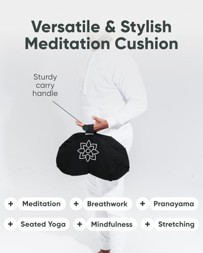 Mindful & Modern Large Meditation Cushion | Zafu Yoga Bolster Meditation Floor Pillow Seat | Buckwheat Hull Filled Crescent Shaped Cushion with Removable Washable Cover + Carry Handle (Minimal Black) - color: Crescent - Black