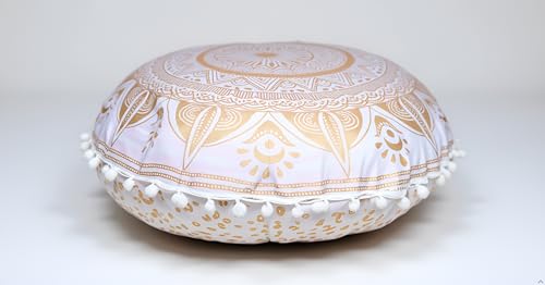 CRAFT KALA 22" Round Mandala Comfort Meditation Floor Pillow Cover, Large Pillows Seating Cover for Adults, Cushions Cover for Outdoor Yoga Fireplace Living Room Ottoman Cover White Gold Trishul - color: White Gold Trishul, size: 22"