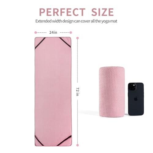MICROFI New Microfiber Hot Yoga Towel Mat, 24 x 72 inches, with Non-Slip Silicone Grip, Secure Fit Elastic Straps - color: Pink