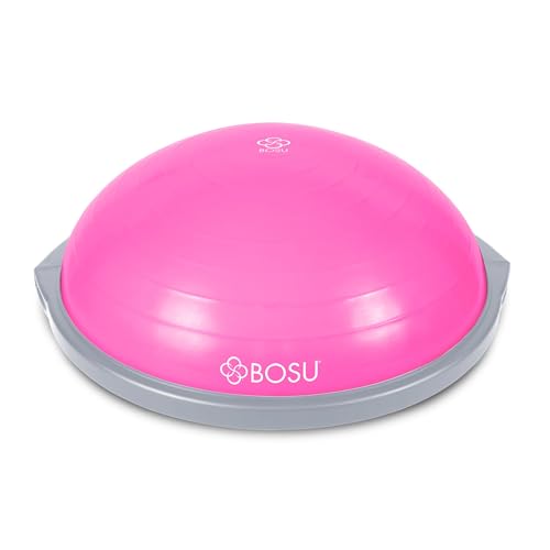Bosu Balance Ball Exercise Trainer, Home Gym Equipment w/Guided Workouts & Pump, 26" Inflatable Fitness Platform for Strength Training, Standing, Balancing, and Core Workout - color: Pink/Gray