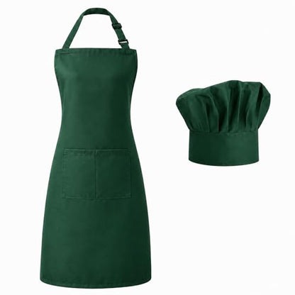 Tosewever Chef Apron Hat Set for Women and Men, Adjustable Bib Apron with 2 Pockets Costume Apron for Father Kitchen Cooking - color: Green
