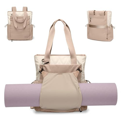 GOLF SUPAGS 3-in-1 Laptop Tote Backpack for Women 15.6" Quilted Work Gym Bag with Hidden Yoga Mat Carrier for Travel Leisure (Gravel Brown & Beige) - color: Gravel Brown & Beige