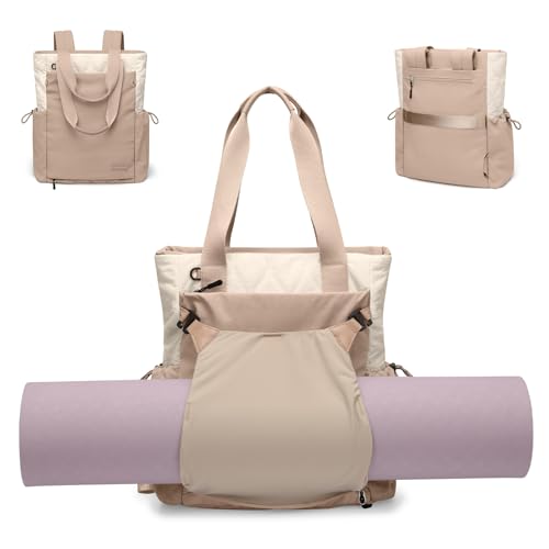 GOLF SUPAGS 3-in-1 Laptop Tote Backpack for Women 15.6" Quilted Work Gym Bag with Hidden Yoga Mat Carrier for Travel Leisure (Gravel Brown & Beige) - color: Gravel Brown & Beige