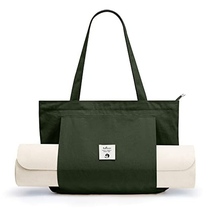 WLLWOO Yoga Mat Carrier Bag for Women Canvas Carryall Tote Gym Pilates | Large Holder Zipper Shoulder for Beach Travel Workout Fitness Office - color: Military green1