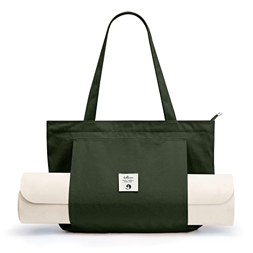 WLLWOO Yoga Mat Carrier Bag for Women Canvas Carryall Tote Gym Pilates | Large Holder Zipper Shoulder for Beach Travel Workout Fitness Office - color: Military green1