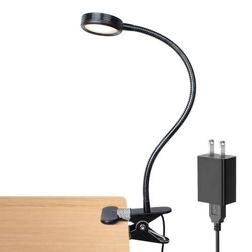 LEPOWER Clip on Light, Book Reading Lamp for Desk, Bed Headboard and Dorm | Adjustable Gooseneck, Color & Brightness Changeable, Adapter Included, LED Table Lamp for Computer, Bedside, Metal, Black - color: Black