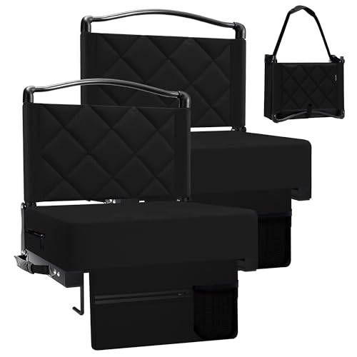 Stadium Seats with Back Support and Cushion Thick Padded Bleacher Chairs with Shoulder Strap, Portable Folding Stadium Seat Chairs for Bleachers Include Cup Holder and Side Pocket (Blcak, 2pcs) - color: With Pocket-black, size: 2pcs