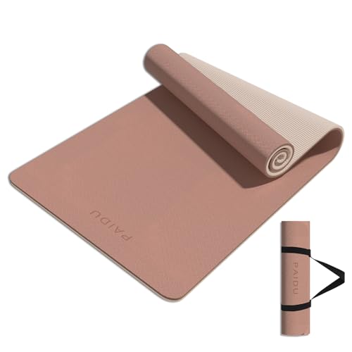 PAIDU Yoga Mat 8mm TPE Non‑Slip Fitness Mat with Strap for Home Workouts - color: 브라운&살구