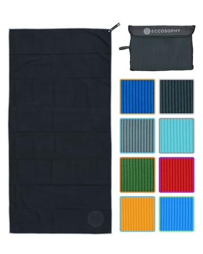ECCOSOPHY Microfiber Beach Towel, Quick Dry Gym Towel, Sand Free, 40x20 | Ribbed texture, super absorbent, lightweight, quick dry, hanging loop, pouch, travel pool yoga fitness, Black - color: Black, size: Small (40"x20")