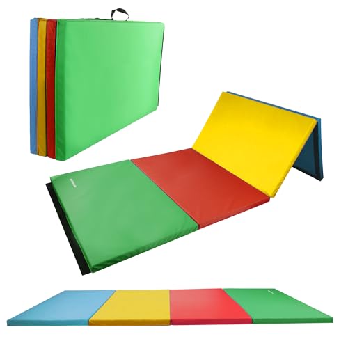 Fitvids 4'x8'x2" Gymnastics Mat, Home Exercise Mat with Carrying Handles, Folding Gym Workout Tumbling Mat for Yoga, Pilates, Stretching, MMA, Core Workouts, Fitness Aerobics Mats for Gym Training - color: Vibrant Colors