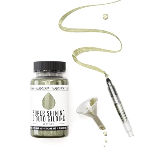 KAMENSKAYA Liquid White Gold Leaf Paint - Alcohol Based Fast Drying White Gold Liquid Leaf, 3.38 fl oz (100 ml) | Liquid Leaf Paint with Natural Metallic Pigment, Strong Shine, Pen Brush & Funnel, One-Coat Coverage – Made in EU - color: White Gold, size: