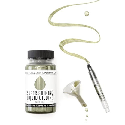 KAMENSKAYA Liquid White Gold Leaf Paint - Alcohol Based Fast Drying White Gold Liquid Leaf, 3.38 fl oz (100 ml) | Liquid Leaf Paint with Natural Metallic Pigment, Strong Shine, Pen Brush & Funnel, One-Coat Coverage – Made in EU - color: White Gold, size: