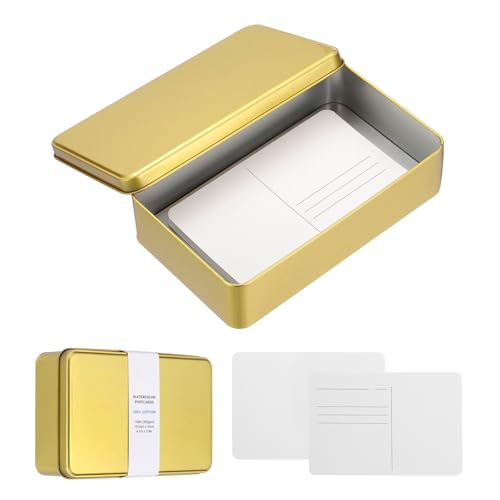 MECCANIXITY 20 Sheets Watercolor Postcards, 100% Cotton 4x6 Inch Watercolor Paper with Gold Tin Box Blank Postcards Rough for Mailing Painting Invitations Greeting Cards(140lb/300gsm) - color: Gold