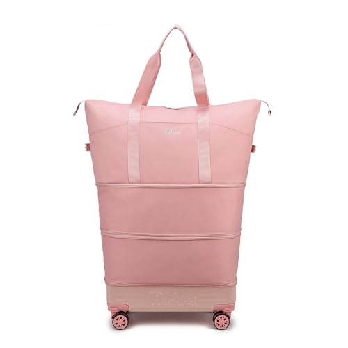 Expandable Rolling Travel Bag with Removable Wheels & Handle, Large Capacity Wheeled Duffle Tote, Foldable Carry On Luggage for Women, Lightweight Weekender Overnight Bag (Pink) - color: Pink