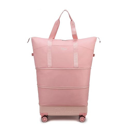 Expandable Rolling Travel Bag with Removable Wheels & Handle, Large Capacity Wheeled Duffle Tote, Foldable Carry On Luggage for Women, Lightweight Weekender Overnight Bag (Pink) - color: Pink
