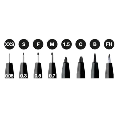 Faber-Castell PITT Artist Pen India Ink Pen - wallet of 8 - colour 199 black - XXS, S, F, M, B, C, 1.5, Fude Hard, (167158) - size: 8 Count (Pack of 1)