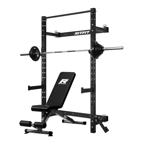 RitFit 2.36'' x 2.36'' Folding Squat Rack for Home Gym, Wall Mounted Squat Rack with Attachments - Space Saving Squat Power Rack - color: Black, style: Folding Squat Rack with RP85LBS