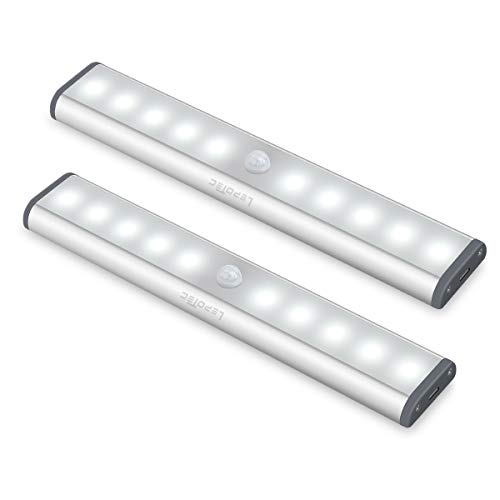 Wireless Motion Sensor Cabinet Lights 10-LED USB Rechargeable Closet Lights LED Under Cabinet Lighting for Wardrobe/Drawer/Stairs/Cupboard/Counter/Pantry/Stairs,Stick On Anywhere,2 Pack,White Light - color: Silver-white Light, size: 10LED