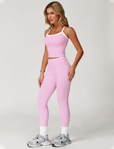 QBGJTD Womens Workout Sets Two Piece Cross Back Tank Top Matching High Waist Leggings Sets Gym Outfits Work Out Clothes - color: Colorblock Pink, size: Small