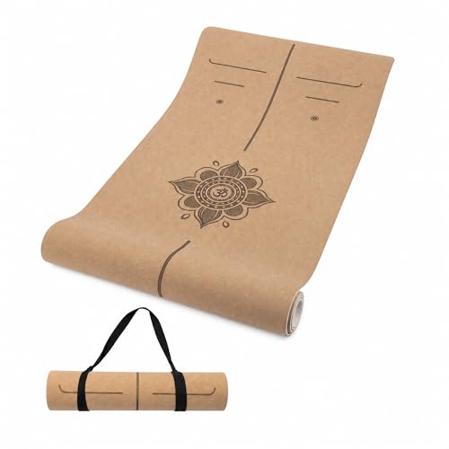 Cork Yoga Mat 6mm Extra Thick TPE Non-Slip Workout Mat with Alignment Lines for Hot Yoga and Home Gym - color: line