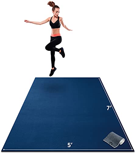 Gorilla Mats Large Exercise Mat – 6'x4', 7'x4', 7'x5', 8'x4', 10'x4' (1/4" Thick) – Ultra Durable Workout Mat for Home Gym Flooring – Non-Slip, Flat Fitness, Yoga & Weight Lifting Floor Mat - color: Midnight Blue Mat with Gray Towel, 2 Storage Straps and