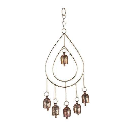 Metal Wind Chimes for Outside – Deep Tone Garden Decor – Rustic Finish Bronze Yard Decorations Outdoor – 14 Inch Hanging Windchime for Porch Patio Balcony – Gold Chimes with 6 Decorative Bells - color: Rustic Teardrop