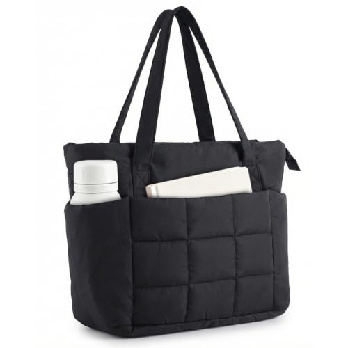 U+U Puffer Tote Bag for Women, Quilted Work Tote with Compartments | Work-to-Travel Design with Yoga Mat Strap - color: Black
