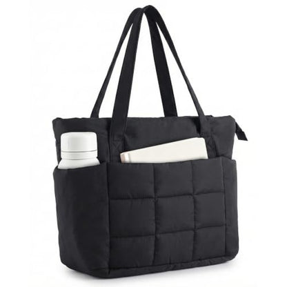 U+U Puffer Tote Bag for Women, Quilted Work Tote with Compartments | Work-to-Travel Design with Yoga Mat Strap - color: Black