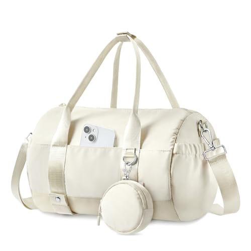TOPEAST Small Gym Bag for Women with Yoga Mat Holder, Small Sports Duffle Bag Mini Gym Tote Bag with Water Bottle Pocket & Coin Purse for Weekender Travel Dance Workout, Beige - color: Beige