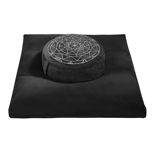 Zafu & Zabuton Meditation Cushion Set - Buckwheat Hull & Memory Foam Pillows, Ergonomic Support for Yoga, Mindfulness - Organic Velvet Cover, Large Size, Durable Comfort (Black) - color: Black