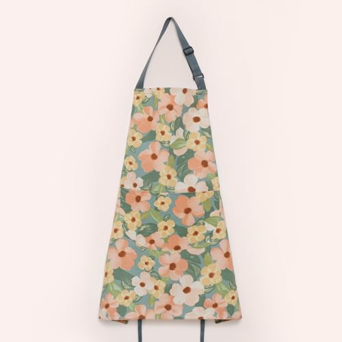 2 Pack Floral Apron for Women with Pockets, Adjustable Cotton Chef Aprons for Kitchen, Cooking, BBQ & Grill - color: Golden/Begonia