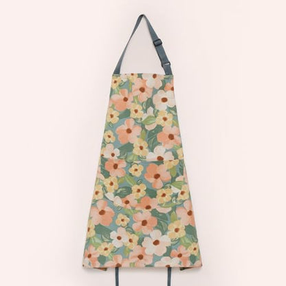 2 Pack Floral Apron for Women with Pockets, Adjustable Cotton Chef Aprons for Kitchen, Cooking, BBQ & Grill - color: Golden/Begonia