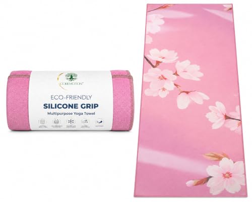 Multipurpose Yoga Mat Towel 72" x 26.5" - Cherry Blossom Design Fitness Towel with Non-Slip Silicone Grip, Quick Drying & Sweat Absorbent for Yoga, Pilates, Gym, Picnic & Outdoor Activities