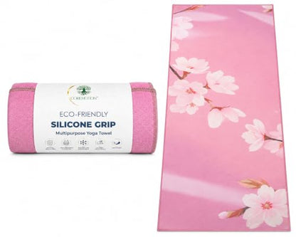 Multipurpose Yoga Mat Towel 72" x 26.5" - Cherry Blossom Design Fitness Towel with Non-Slip Silicone Grip, Quick Drying & Sweat Absorbent for Yoga, Pilates, Gym, Picnic & Outdoor Activities
